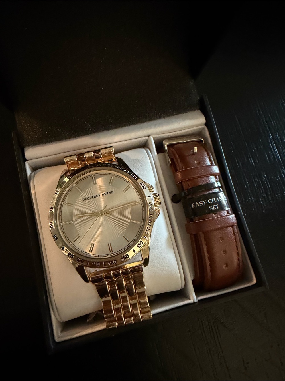 Geoffrey Beene Gold Tone Watch with Brown Leather Strap & Bracelet